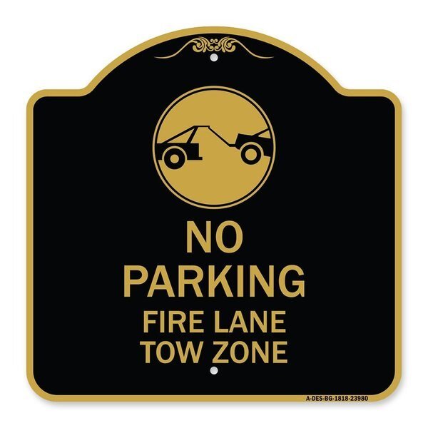 Fire Lane Tow Zone with Graphic, Black & Gold Aluminum Architectural Sign, 18
